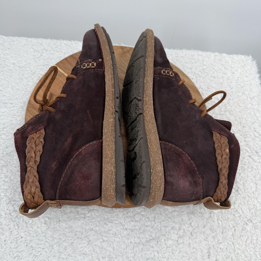 Born Temple Boots Womens Size 8 Purple Suede Ankle Booties Braided Trim Wedge - Picture 7 of 10